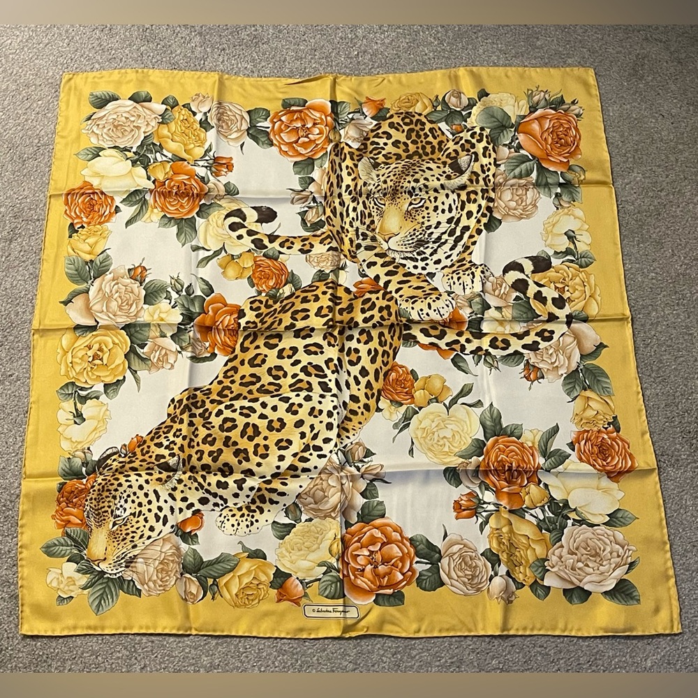Brand new vintage Salvatore Ferragamo 100% silk scarf with leopards